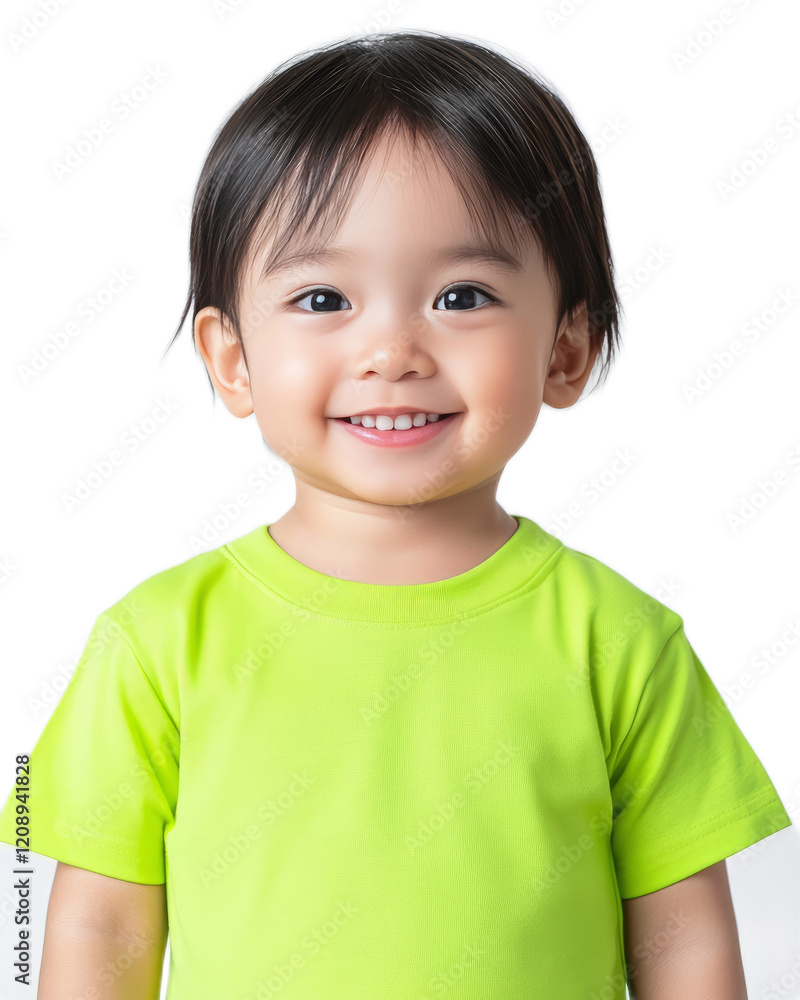 Cheerful Toddler Boy in Green Shirt Smiling Happily on White Background Cheerful Toddler Boy in Green Shirt Smiling Happily on White Background