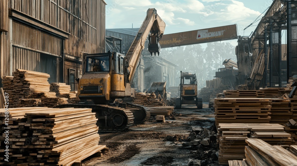 Fototapeta premium Timber Yard with Heavy Machinery and Stacks of Wooden Planks