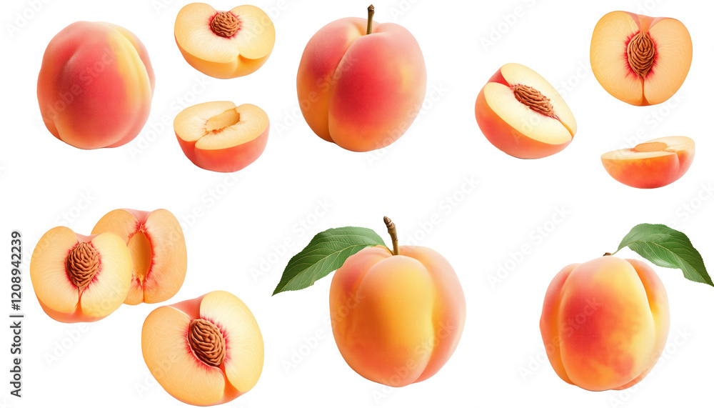 peach mockup with whole, halved, and sliced peaches, multiple angles, transparent background for graphic design peach mockup with whole, halved, and sliced peaches, multiple angles, transparent background for graphic design