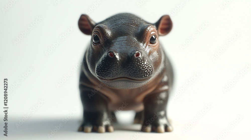 Baby hippo standing with its stubby legs on an invisible surface against a white background Baby hippo standing with its stubby legs on an invisible surface against a white background