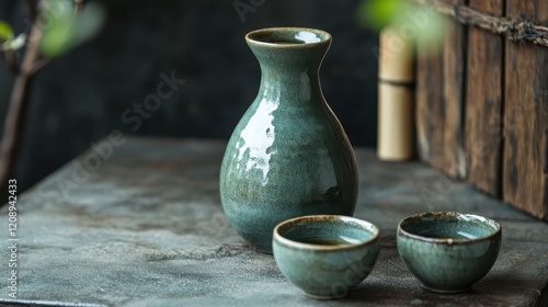Traditional Japanese Sake Set with Ceramic Cups and Elegant Branch Decor