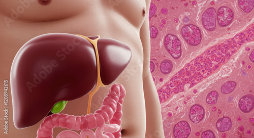 Non-Alcoholic Fatty Liver Disease Concept: Obese Man with Fatty Liver and Liver Steatosis, 3D Illustration photo