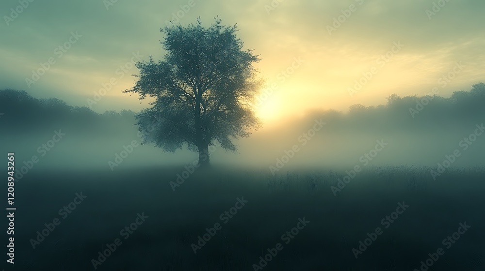 Fototapeta premium Solitary Tree in Misty Sunrise Landscape