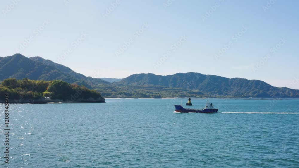 Ship Sailing on Setonaikai, Inland Sea of Japan on Beautiful Sunny Day Ship Sailing on Setonaikai, Inland Sea of Japan on Beautiful Sunny Day