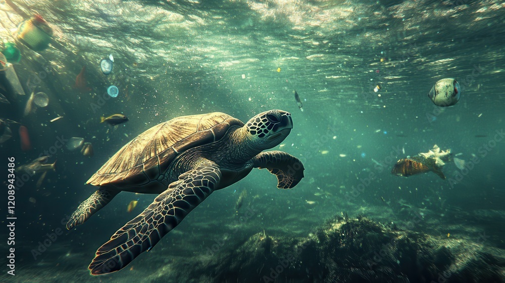 Obraz premium Sea Turtle Swimming Amid Polluted Ocean Waters