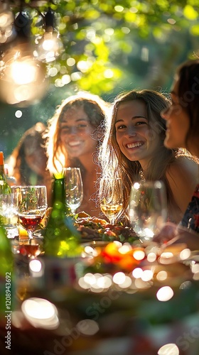 Happy women enjoying a sunny outdoor lunch together.