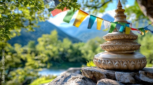 serene buddhist stupa & prayer flags - mindfulness & meditation