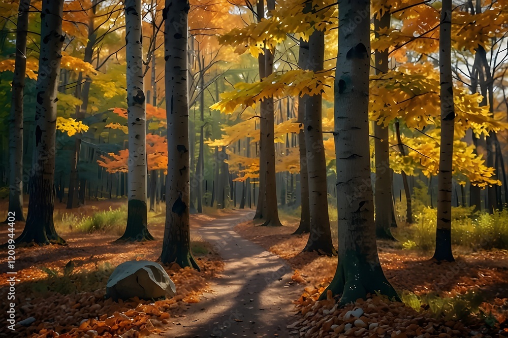 Fototapeta premium Presquile Provincial Park - Autumn and fall colours in Jobes Woods. Generative AI