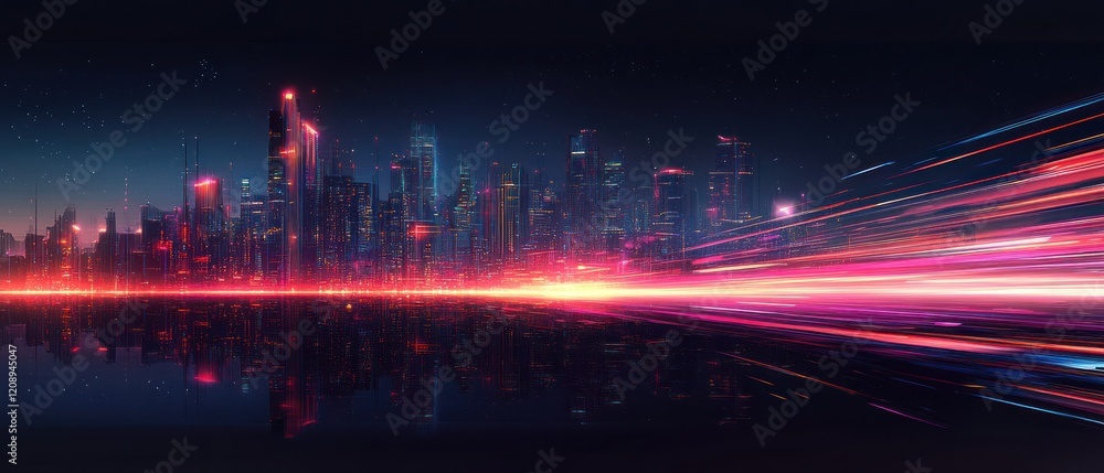 City skyline at night with light trails in foreground City skyline at night with light trails in foreground