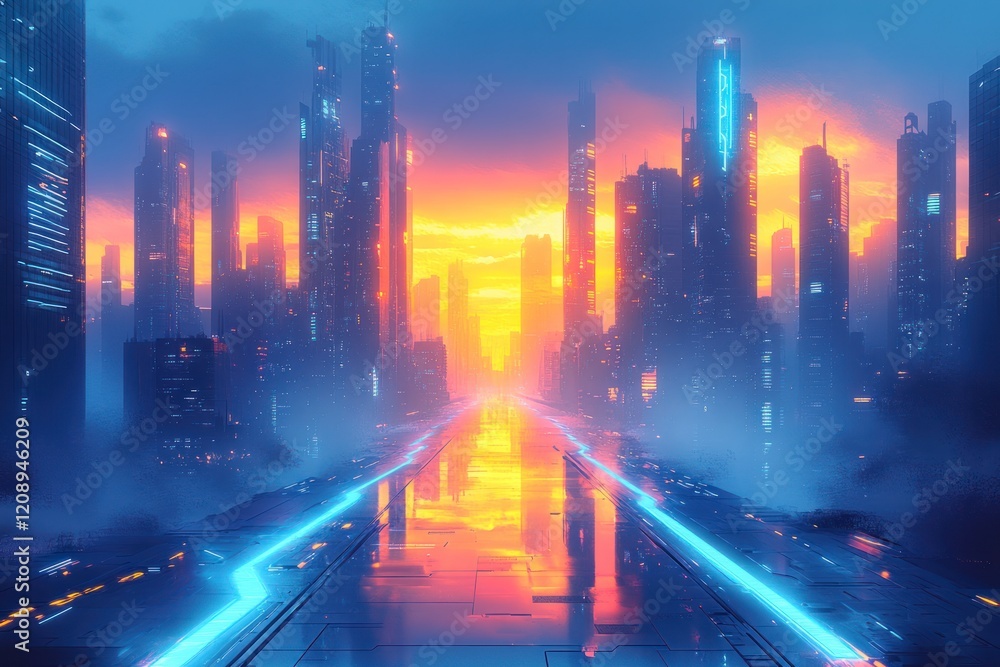 Futuristic city skyline at sunset with glowing pathways Futuristic city skyline at sunset with glowing pathways