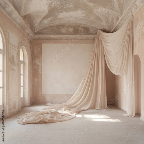 the interiors of a minimalist abandoned soft beige villa from the 1690s with a large plain wall covered in white blank textured paper photo