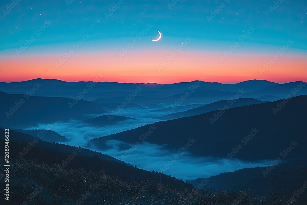 Serene Mountain Landscape Underneath a Crescent Moon Serene Mountain Landscape Underneath a Crescent Moon
