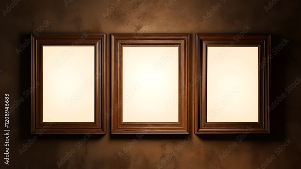 Empty Frames on Brown Wall in Gallery Setting Empty Frames on Brown Wall in Gallery Setting