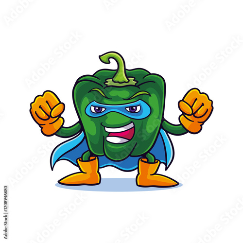 green bell pepper superhero illustration in cartoon style