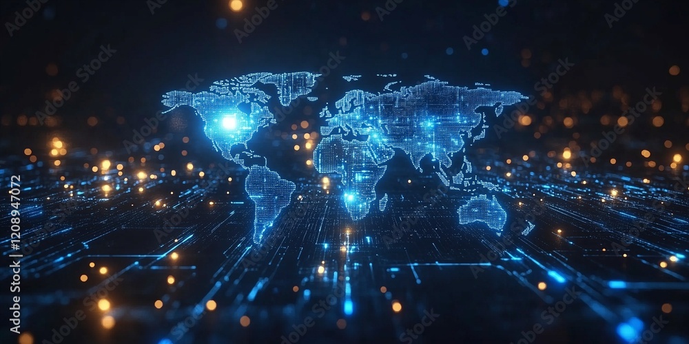 Digital Network: Blue World Map Illuminated by Data Points for Global Communication
