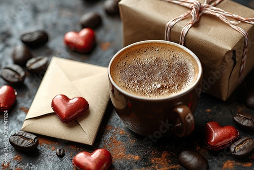 Coffee Chocolate Hearts Gift and Envelope A Romantic Scene
