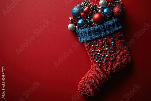 Christmas Stocking Filled With Festive Ornaments And Cones