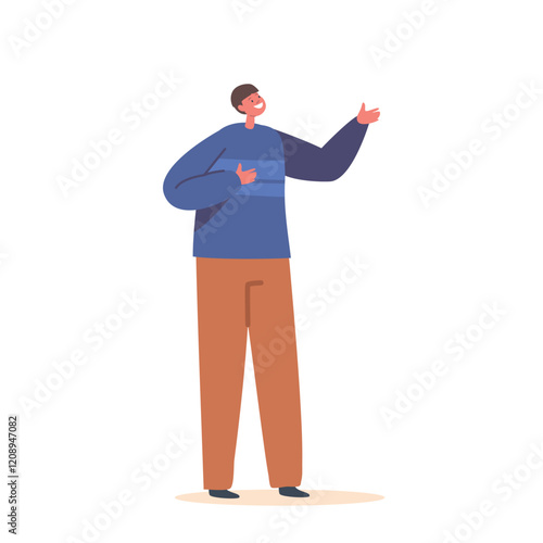 Happy Little Boy Wear Blue Shirt and Brown Trousers. Isolated Child Character Smiling, Gesturing. Happy Emotion