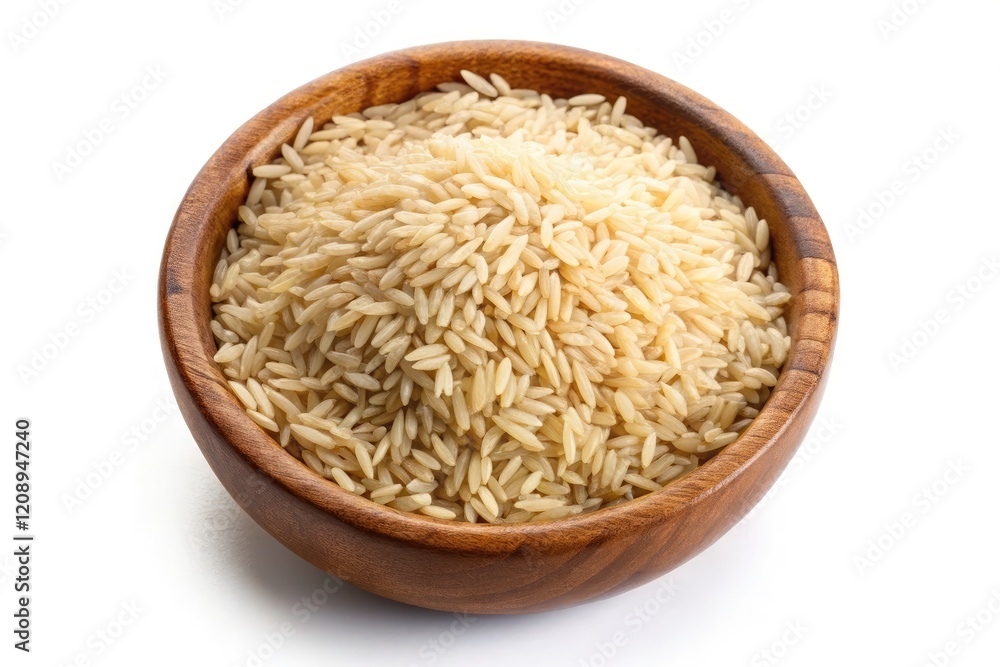 Brown Rice in Wooden Bowl, Top View, Isolated White Background - Healthy Food Photography Brown Rice in Wooden Bowl, Top View, Isolated White Background - Healthy Food Photography