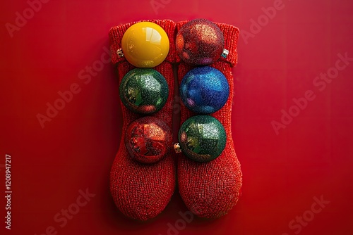 Red knitted socks filled with colorful Christmas ornaments