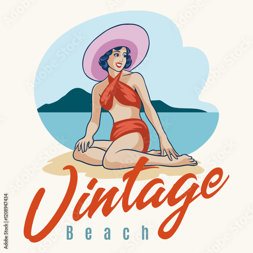 illustration of woman wearing a swimsuit on the beach in retro poster style