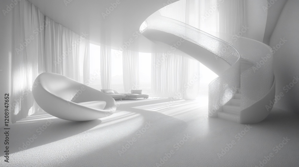Modern white minimalist interior with curved staircase and seating. Modern white minimalist interior with curved staircase and seating.