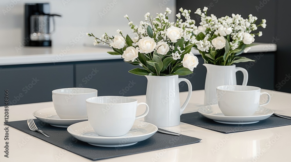 Modern kitchen, white cups, flower arrangement, breakfast setting. Stock photo for home d?cor Modern kitchen, white cups, flower arrangement, breakfast setting. Stock photo for home d?cor