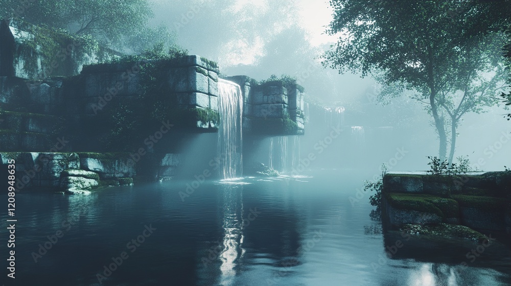 Fototapeta premium Enigmatic Waterfall in a Misty Forest: A Serene Landscape