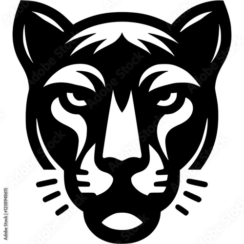 Tattoo of angry puma head in monochrome. Leopard front view. Engraving minimalistic vector in black ink drawing on transparent background