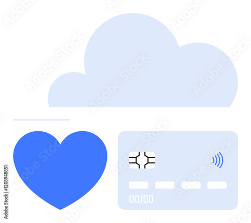 Blue cloud, heart icon, and credit card chip with contactless sign highlight digital payment, online transactions, data storage, cloud security, finance tech, cybersecurity user connection. Abstract