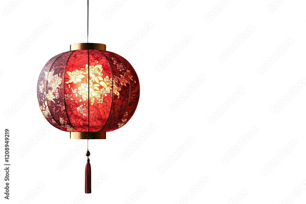 Red Chinese Lantern: A vibrant red and gold Chinese lantern with intricate floral patterns hangs elegantly, casting a warm, inviting glow. Perfect for adding a festive touch to your designs. isloate Red Chinese Lantern: A vibrant red and gold Chinese lantern with intricate floral patterns hangs elegantly, casting a warm, inviting glow. Perfect for adding a festive touch to your designs. isloate