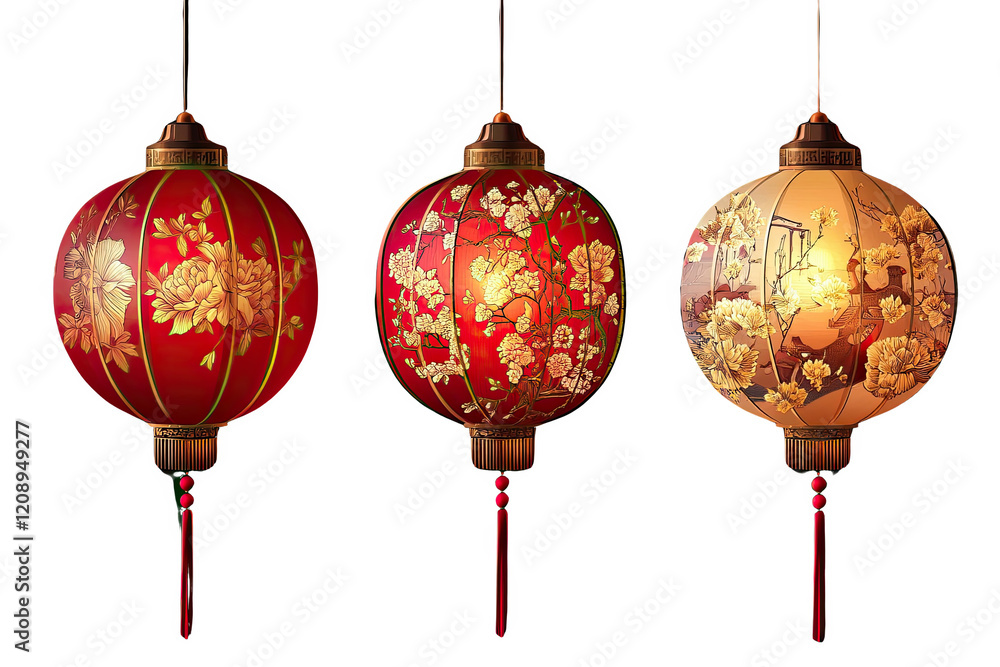 Chinese Lanterns: Three intricately-designed Chinese lanterns hang in a row. Each lantern features a unique floral design, a vibrant color palette and elegant details. isloated on transpent backgroun Chinese Lanterns: Three intricately-designed Chinese lanterns hang in a row. Each lantern features a unique floral design, a vibrant color palette and elegant details. isloated on transpent backgroun