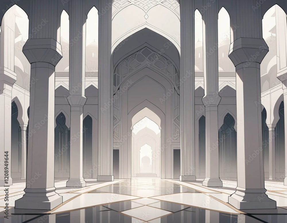 Fototapeta premium 3D Concept of a white mosque with intricate white domes and towers surrounded by a white environment. The concept for Eid Mubarak, Ramadhan, Moslem holiday