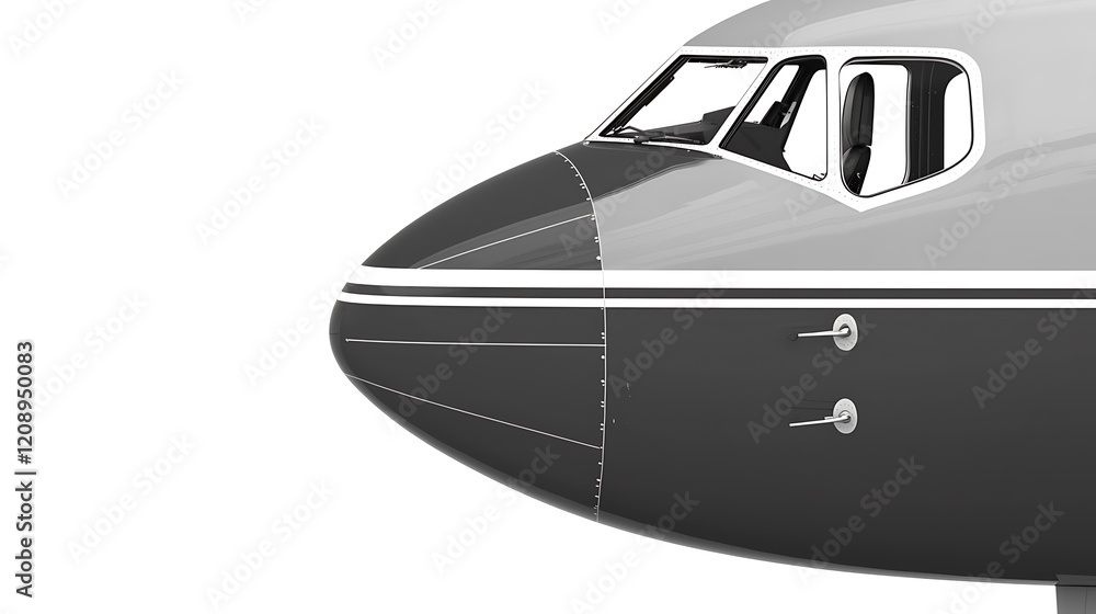 A high-resolution close-up of an airplane's nose, emphasizing its aerodynamic design, cockpit windows, and nosecone, isolated on a bright white background