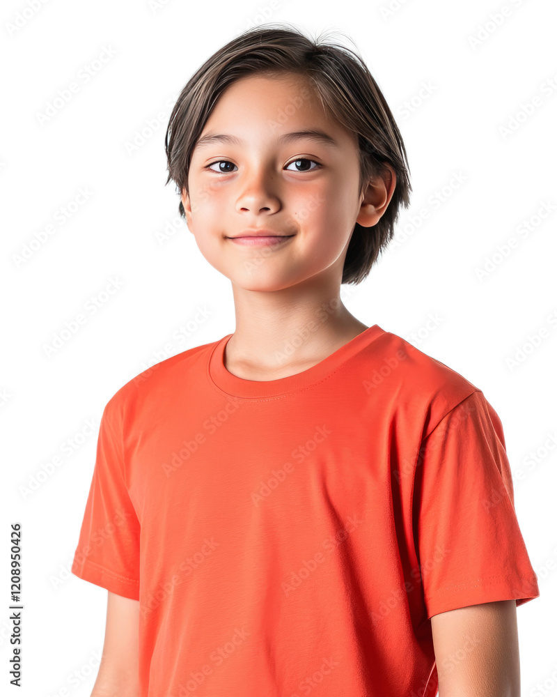 Cheerful Young Boy Smiling Confidently in Red T Shirt Against White Background Cheerful Young Boy Smiling Confidently in Red T Shirt Against White Background