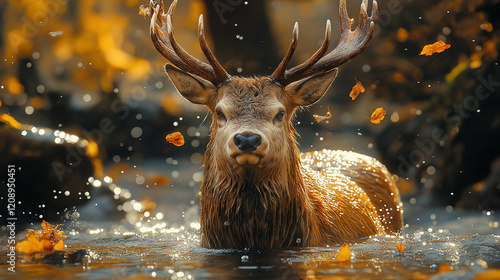 Illustration A majestic stag with impressive antlers grazes peacefully in a lush green forest photo