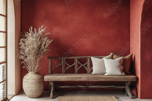 boho interior design with rustic wooden bench