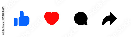 Like, comment, share icon button set. Social media notification icons : Thumbs up and love heart flat icon , social network user interface flat icons, post reactions. Vector illustration