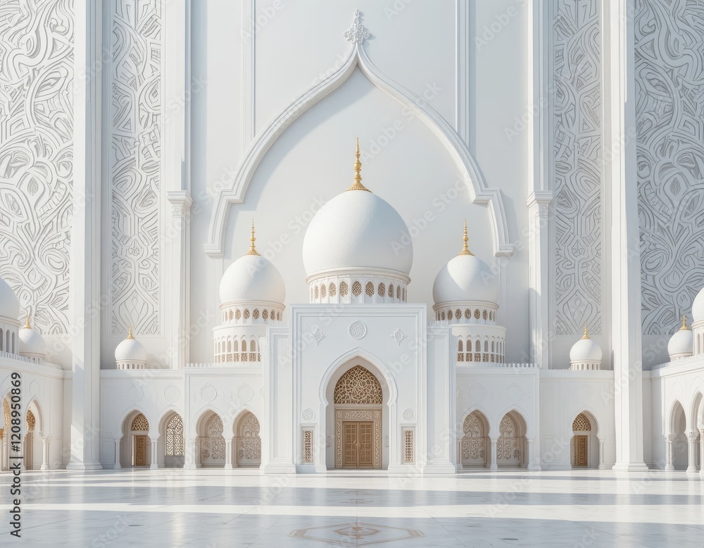 Fototapeta premium 3D Concept of a white mosque with intricate white domes and towers surrounded by a white environment. The concept for Eid Mubarak, Ramadhan, Moslem holiday