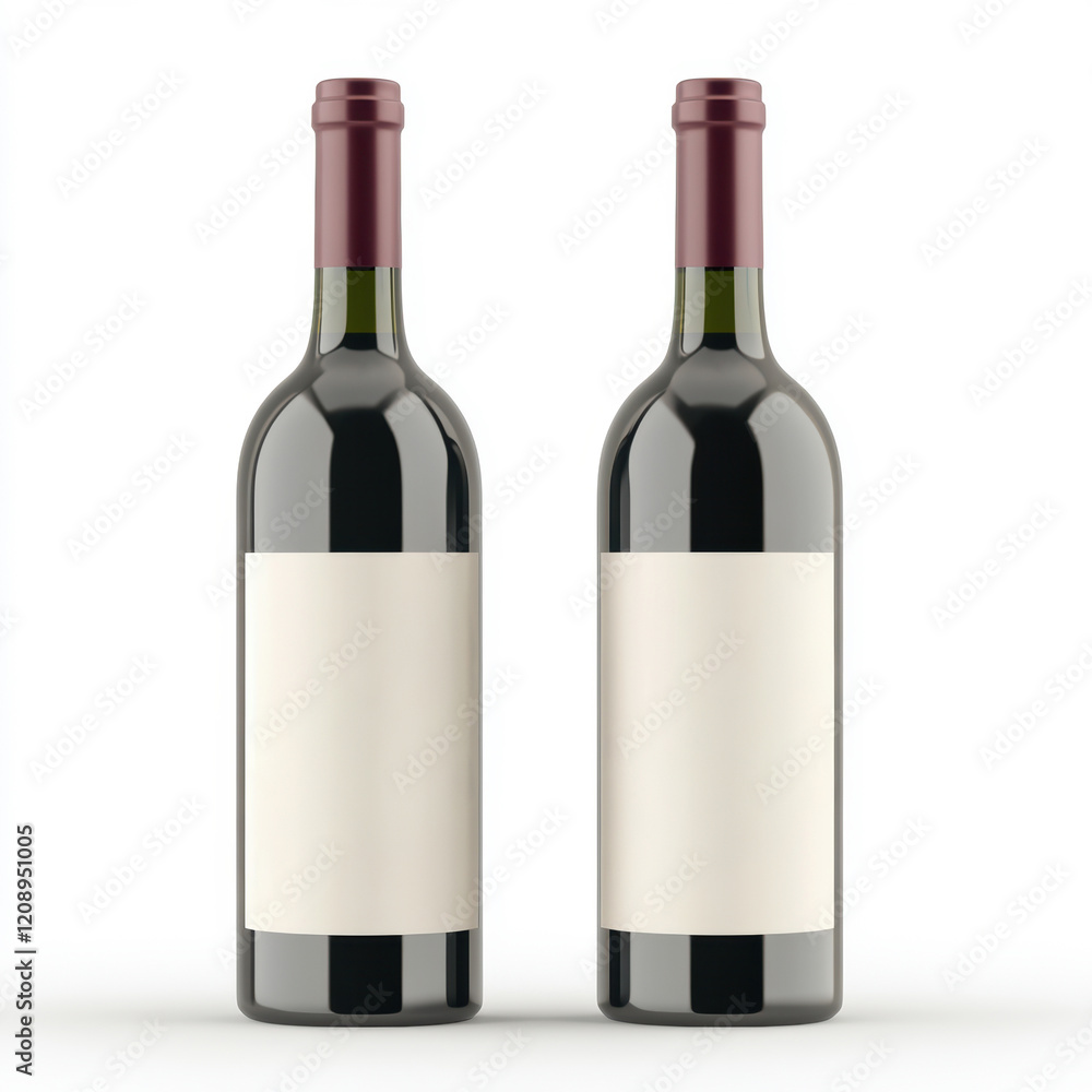 Two wine bottles with blank labels on a clean white background for branding presentation and product design Two wine bottles with blank labels on a clean white background for branding presentation and product design