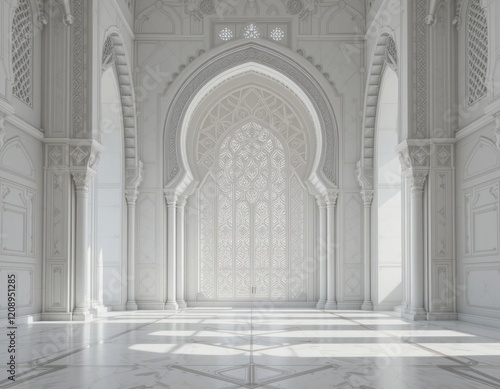 3D Concept of a white mosque with intricate white domes and towers surrounded by a white environment. The concept for Eid Mubarak  Ramadhan  Moslem holiday