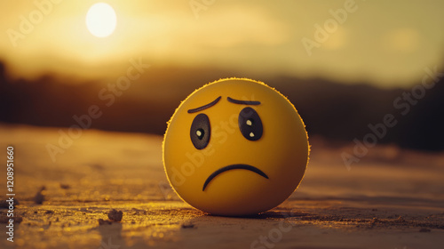 sorrowful sunset with sad emoticon featuring emotional yellow emoji in desolate landscape during golden hour melancholy mood photography at dusk