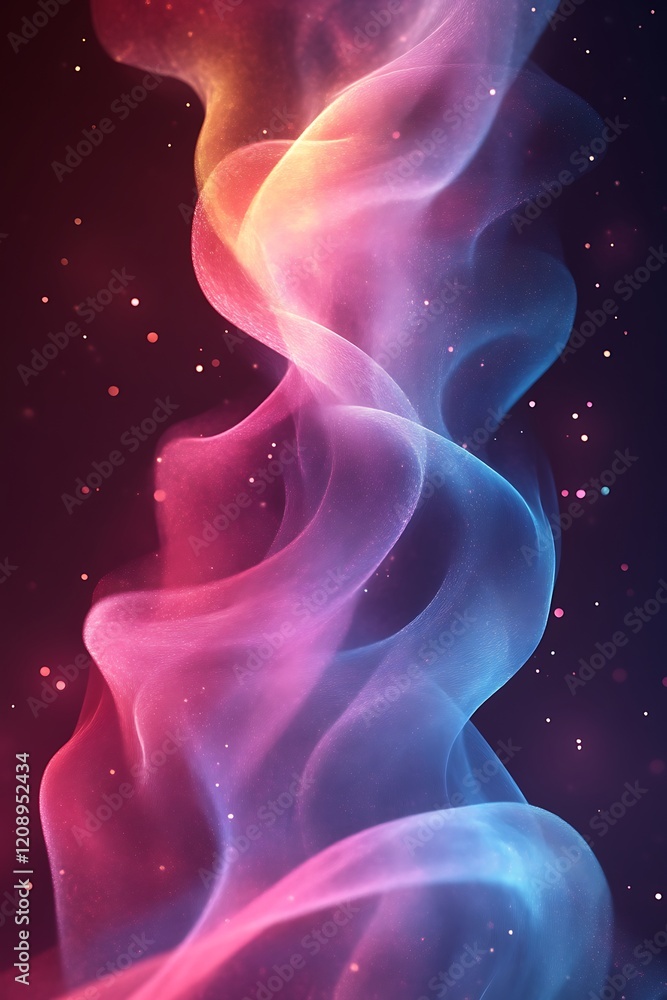 Abstract swirling colorful smoke with sparkles.