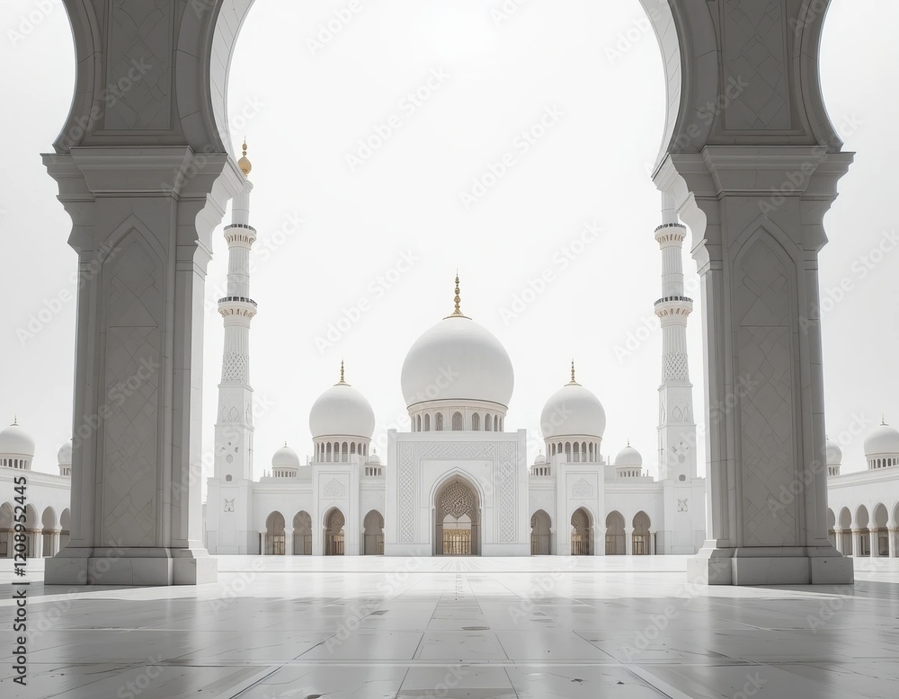 Fototapeta premium 3D Concept of a white mosque with intricate white domes and towers surrounded by a white environment. The concept for Eid Mubarak, Ramadhan, Moslem holiday