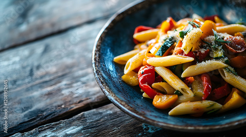 colorful plate of penne pasta primavera with fresh vegetables, garnished with grated cheese and herbs, served on rustic wooden table, creating vibrant and appetizing presentation