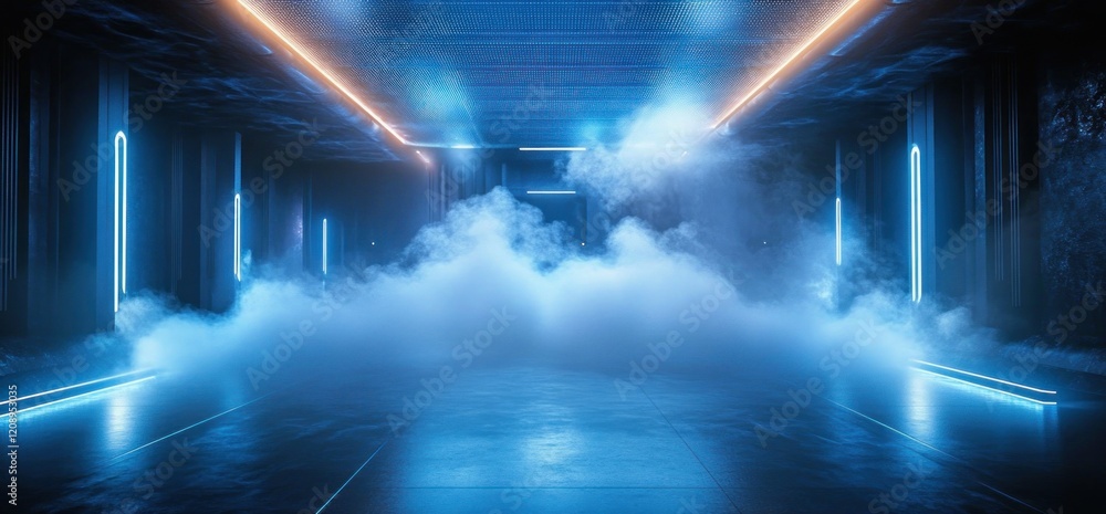 Obraz premium Futuristic Cyberpunk Room Glowing Blue Neon Lights Smoke Dramatic Contrast Minimalist Symmetry Concrete Garage Stage