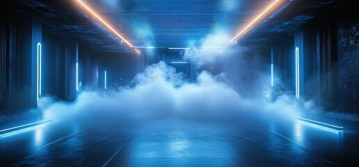 Futuristic Cyberpunk Room Glowing Blue Neon Lights Smoke Dramatic Contrast Minimalist Symmetry Concrete Garage Stage