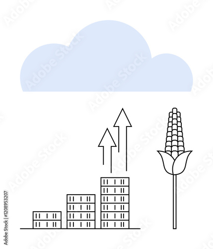 Cloud backdrop, growing bar chart with upward arrows, and corn stalk. Ideal for innovation, data analytics, agriculture, sustainability, growth technology climate impact. Abstract line flat