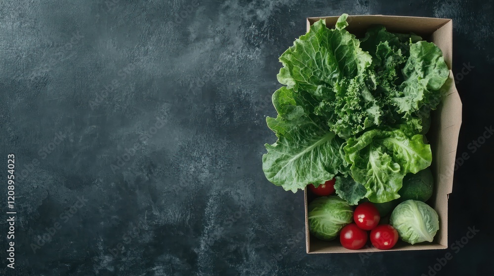 Flat lay composition of fresh vegetables in a paper box Flat lay composition of fresh vegetables in a paper box