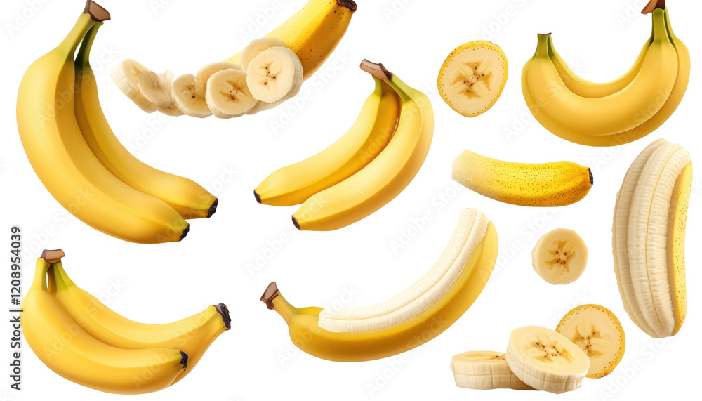 banana mockup with whole, sliced, and grouped bananas, multiple angles, transparent background banana mockup with whole, sliced, and grouped bananas, multiple angles, transparent background